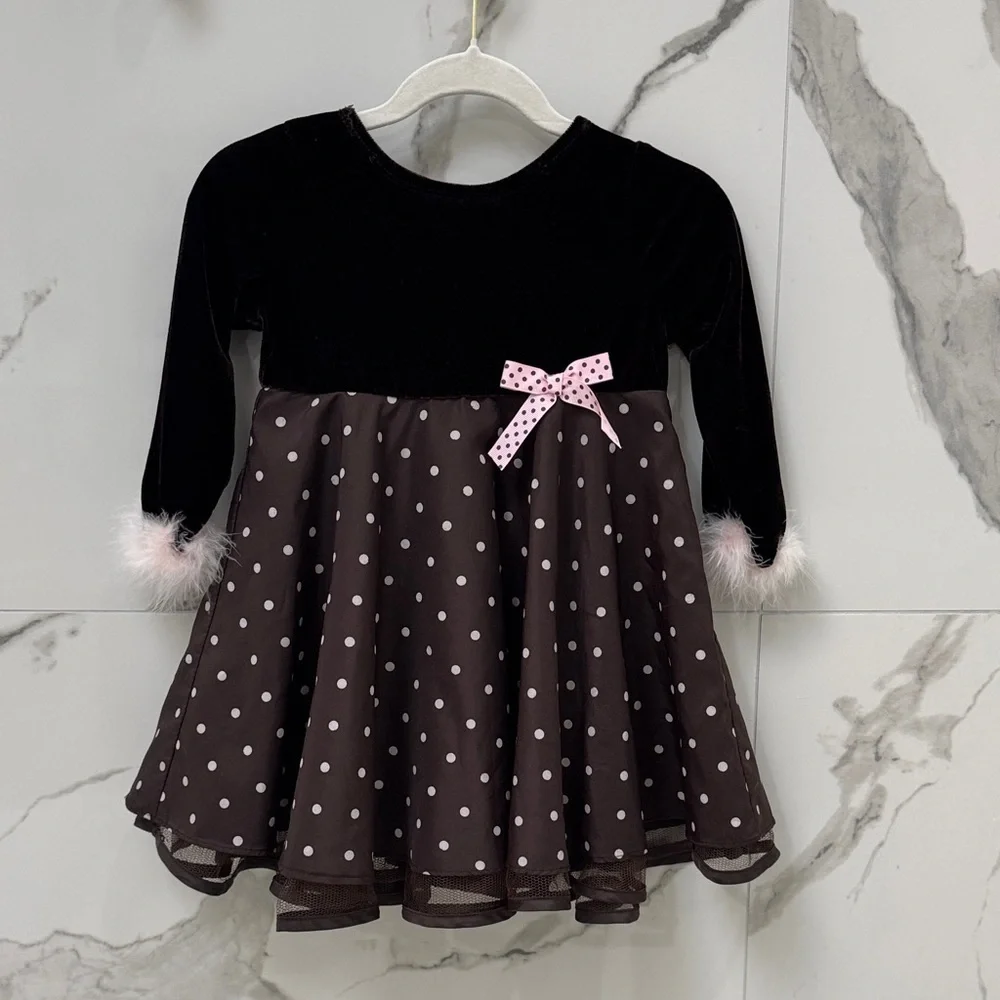 Vintage Brown Polka Dot Dress with Pink Bow and Feathers